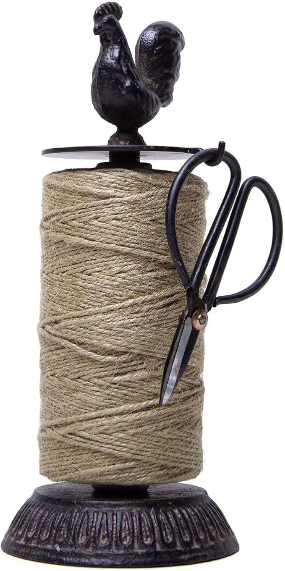 SOFFEE DESIGN Vintage Jute Twine Spool and Scissors Holder for Garden Farmhouse Kitchen Antique Twine and Scissors Set Black Rooster