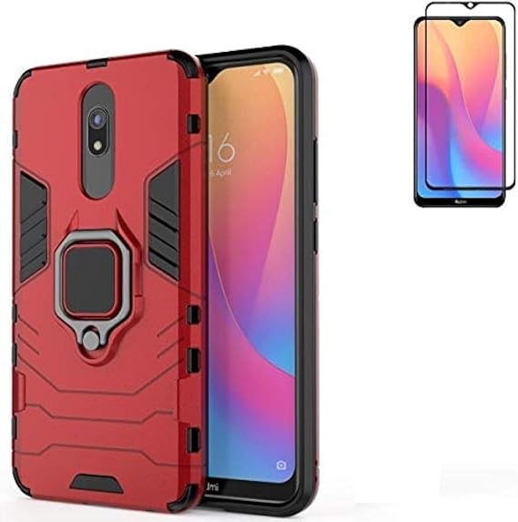 for Xiaomi Redmi 8 8A Case,Hybrid Heavy Duty Shockproof Armor Dual Layer Protection Defender Back Case Cover for Redmi 8 Tempered Glass Screen Protector (Red)