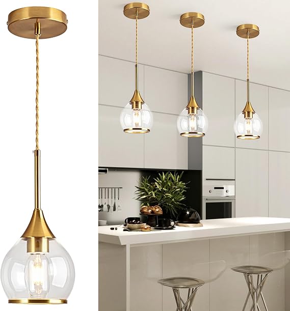 1-Piece Island Light for Kitchen, 1-Light Gold Kitchen Island Hanging Pendant Light with Clear Round Glass Shades, Brushed Gold Finish Dining Room Light Fixture Over Table