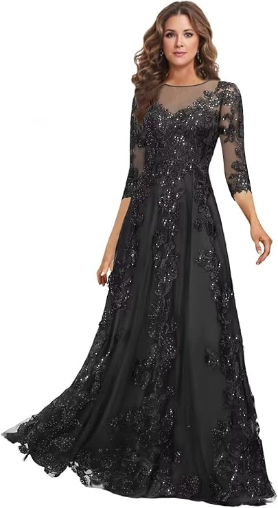 Sequin Lace Mother of The Bride Dresses Long with 3/4 Sleeve Long A Line Beaded Formal Evening Gowns for Wedding Guest 998