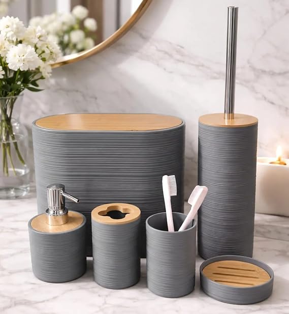 6 Parça Banyo Seti, Bambu Detaylı, 8L Çöp Kovası 24x26x16 cm (Gri)