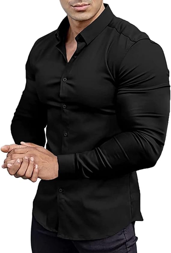 Men's Stretch Oxford Shirts Muscle Fit Long Sleeve Button Down Wrinkle Free Dress Shirt Regular Fit Office Work Blouse