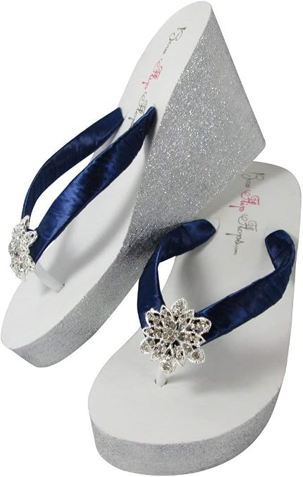 Bow Flip Flops Navy, Silver Glitter and Rhinestone Vintage Flower Sandals