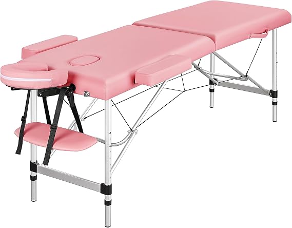 BODIOO Massage Table Portable 84 Inch Massage Bed Wide SPA Lash Bed Tattoo Bed Height Adjustable 2 Fold Aluminum Weight Capacity 496LB, Pink