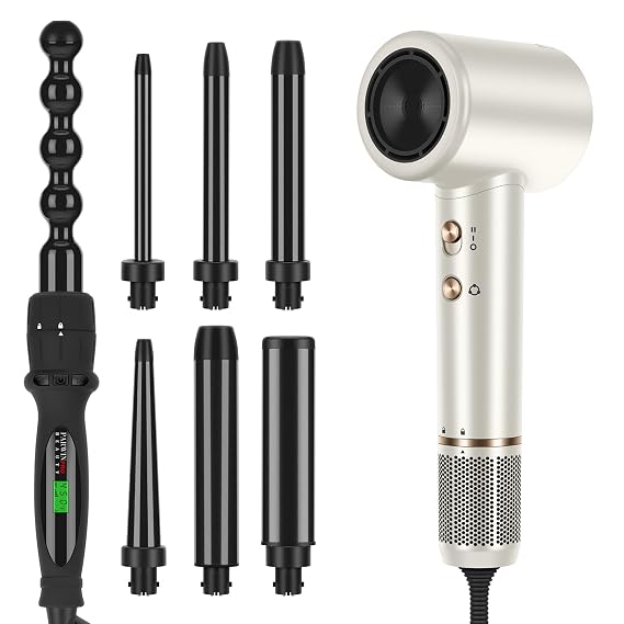 7 in 1 Curling Wand Set Bundle with Air-Sonic Hair Dryer, High Speed 110,000 RPM Brushless Motor, Negative Ions