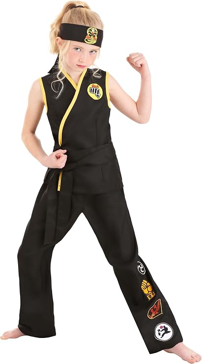 The Karate Kid Cobra Kai Costume for Girls, Black Sleeveless Gi Featuring Insignias, Black Cobra Headband & Belt