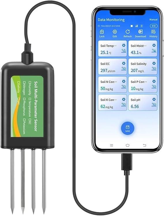 8-in-1 Soil Tester with APP Data Logger | Measure Humidity Temperature EC PH NPK Salinity(8 in 1 NPK Tester)