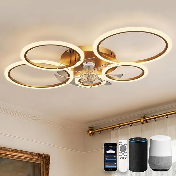 Ceiling Fan with Light Compatible with Alexa, 100cm Living Room Ceiling Fan Light, Silent Timer Dimmable Reversible Ring Smart Fans with Lamps, Gold [Energy Class F]