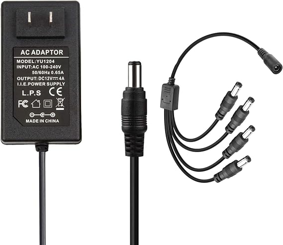 COOLM AC DC 12V 4A 48W Power Supply Adapter LED Transformer 4000mA Charger | with 5.5mm x 2.1mm 4 Way 4-Way 4CH Power Splitter Cable Cord