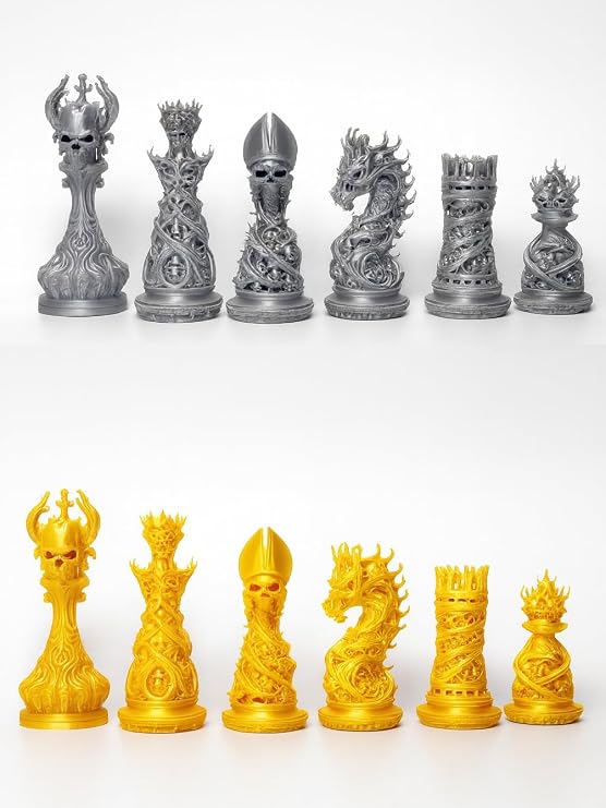 Gothic Dragon-Skull Chess Set Silk Silver and Gold Metallic Finish 32-Piece Set Only by Znet3D