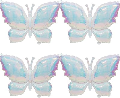 4 Pack Crystal Iridescent White Butterflies Balloon, Colorful Transparent Woodland Butterfly Shaped Balloons For For Wedding Birthday Baby Shower Summer Party Decorations Supplies