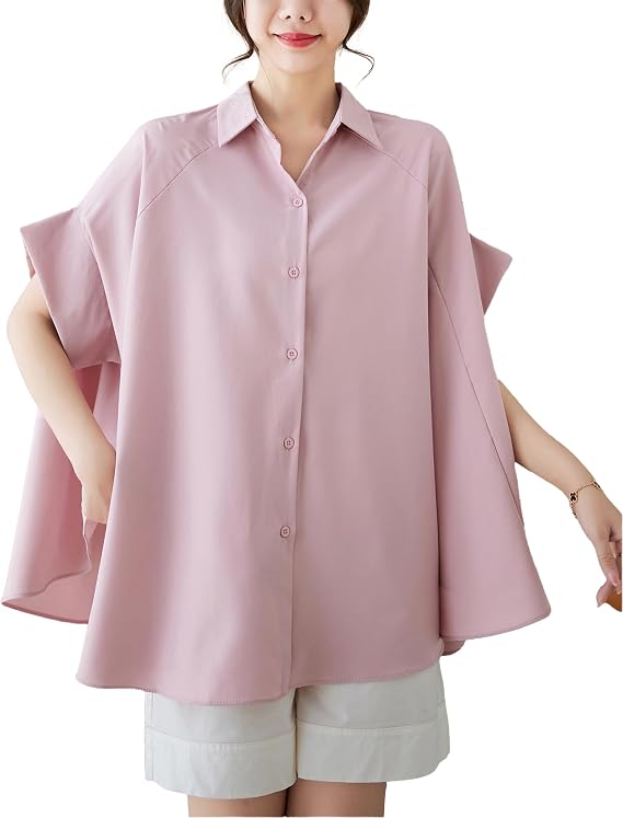 ellazhu Women's Batwing Sleeve Polka Dot Printed Button Down Blouse Oversized Shirt Top for Summer GY1903