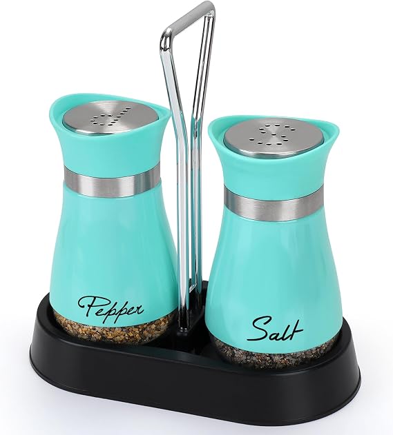 Accmor Salt and Pepper Shakers Set with Holder, 4 oz Stainless Steel Salt Pepper Shaker Containers with Glass Bottom for Kitchen Cooking, BBQ, Bar, Table, RV, Camp