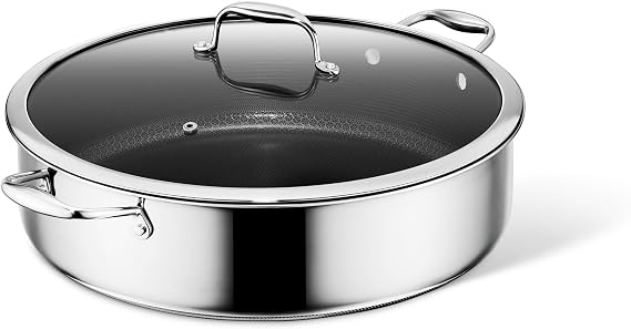 HexClad 10 Qt Hybrid Nonstick Deep Saute Pan with Lid, Induction Ready | Stay-Cool Handle, Dishwasher-Friendly, Oven-Safe Up to 900F, Induction Ready, Compatible with All Cooktops