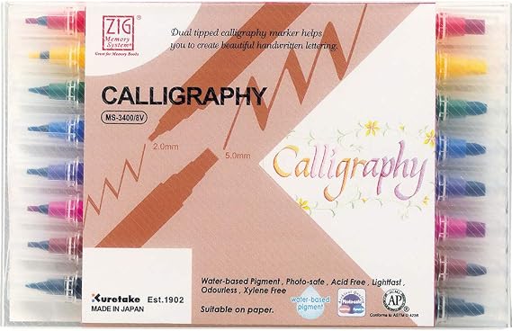 Zig Memory System Calligraphy Markers, Multicolor, 8-Pack