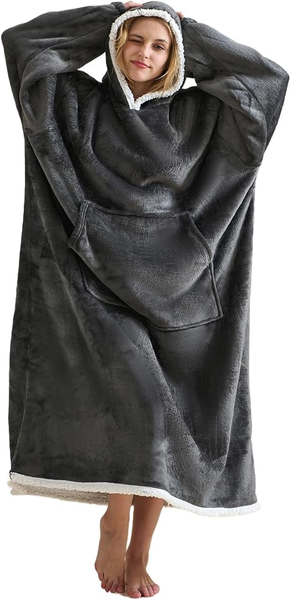 Wearable Blanket Hoodie, Oversized Sherpa Hooded Sweatshirt for Adults | Warm Soft Cozy Fleece Sweatshirt with Sleeves and Giant Pocket , Birthday Gifts for Women and Men, Dark Grey