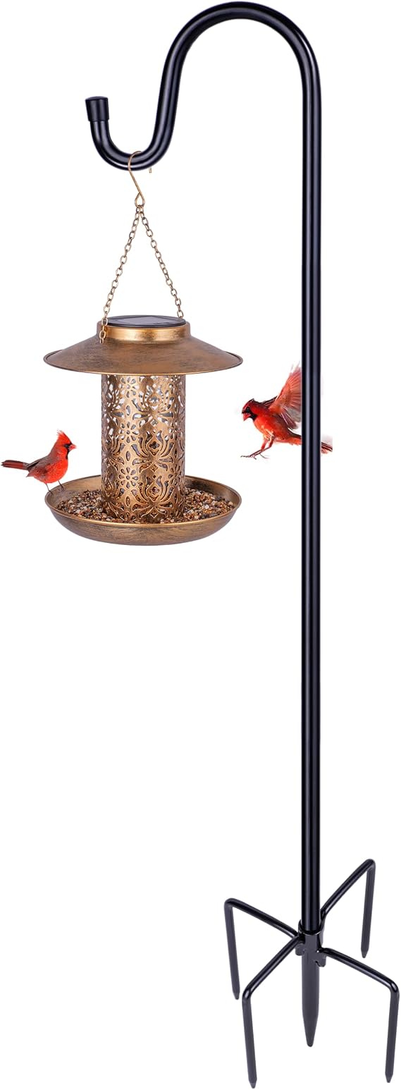 Ottsuls 2 Pack 45 inch Adjustable Shepherd Hooks and Solar Bird Feeder for Outdoors Hanging (Brown)