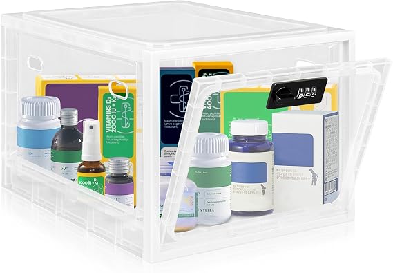 Medicine Lock Box with Code, 12.6L Large Lockable Storage Box for Medication, Snacks, Phone, and Electronics - BPA-Free, Clear Design with Charger Holes for Home, Office, Dorm, and Fridge