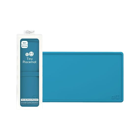 ezpz Tiny Placemat (Blue) - 6 Months+ Non-Slip, 100% Silicone Placemat for Infants and Toddlers - Fits on Most Highchair Trays - Rolls-Up - Baby Led Weaning Supplies