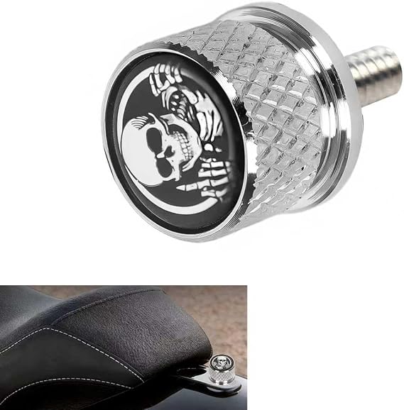 Stainless Steel Knurled Fender Rear Seat Bolt Screw, 1/4"-20 Thread Chrome Skull Finish with Knob Cover Tab Mount, Compatible with Harley Touring Softail Dyna Sportster CVO Fat Bob 1996-2025