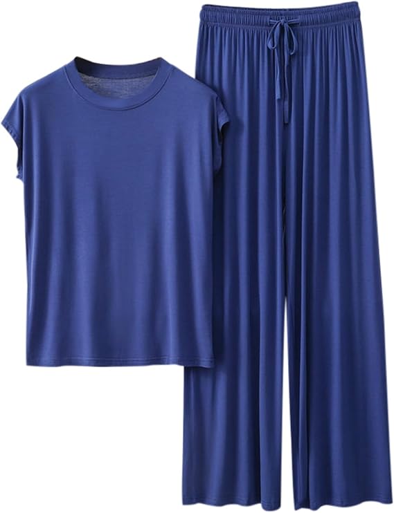 Pajama Sets For Women 2 Piece Pants And Short Sleeve Outfits Summer Casual Pullover Tops & Wide Leg Pants Lounge Sets