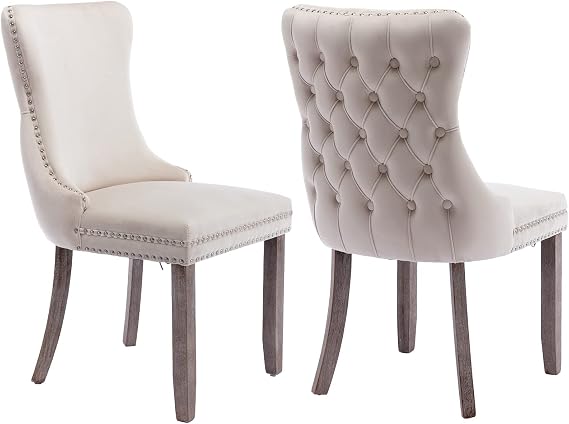 Velvet Dining Chairs Set of 2, Tufted Upholstered High Wingback Dining Chairs with Nailhead Trim, Solid Wood Legs in Weathered Finish for Dining Room, Sillas de Comedor, Beige
