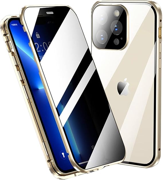 Anti-spy Screen case for iPhone15Pro,Lock + Magnetic adsorption Anti-Peeping Metal Frame 360 Full Body Protective Cover Double-Sided Glass Lens Protective Film (Gold)