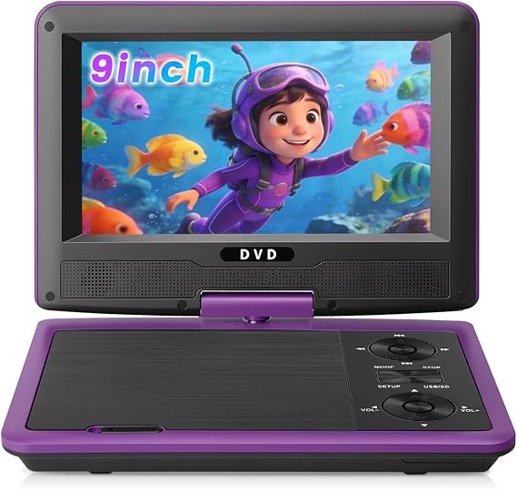 11.5" Portable DVD Player for Kids & Car Travel9 inch Swivel IPS Screen,3-Hour Battery,CD/DVD/USB/SD Support,Region Free/Headrest Mount & Remote (Purple)