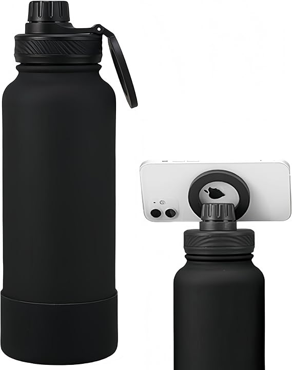 Magnetic Sports Water Bottle Compatible with Magsafe with Tripod Ring 360 Rotating Magnetic Phone Holder. Not Sold or Created by Magsafe (Black, 40 Ounces)