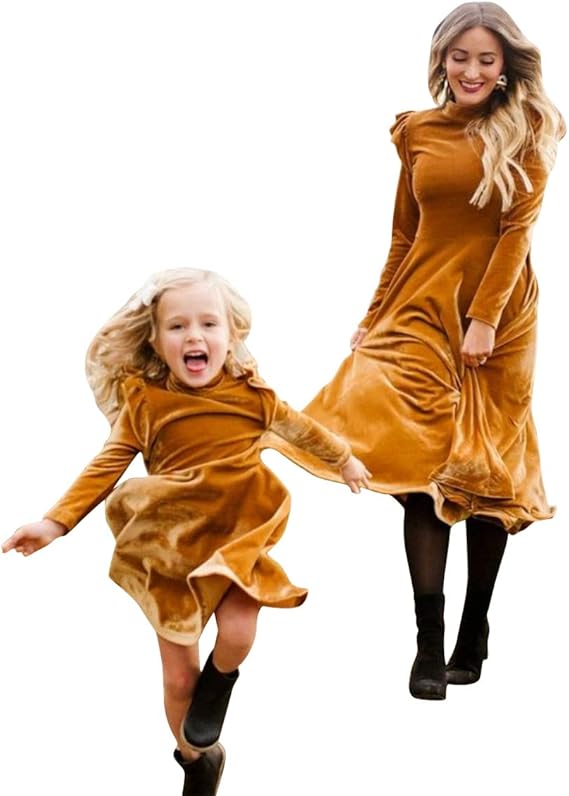 Mommy and Me Dress Ruffle Long Sleeve Casual Christmas Party Velvet Dress Mother Daughter Family Matching Dress Clothes