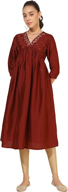 Janasya Indian Women's Silk Festive Embroidered Kurta for Women