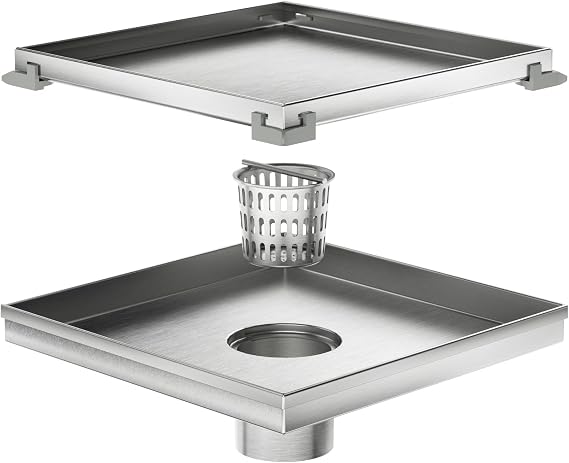 Neodrain 8" Brushed Square Shower Drain with Removable Tile Insert Grate