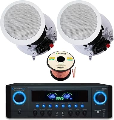 Home Theater Sound System Kit - 1000 Watts Bluetooth Amplifier w 2 Qty of 8 Framed Ceiling Speakers 300 W Each, 50 ft Speaker Wire & Remote Perfect for Home, Office, Restaurant Use by Technical Pro