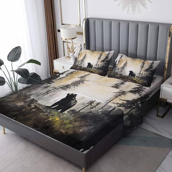 Bear Sheets Queen Size - Forest Animal Bed Sheets, Soft Microfiber & Deep Pocket & Wrinkle Free Patterned Bedding Sheets & Pillowcases, 4 Piece (1 Fitted Sheet, 1 Flat Sheet, 2 Pillow Cases)