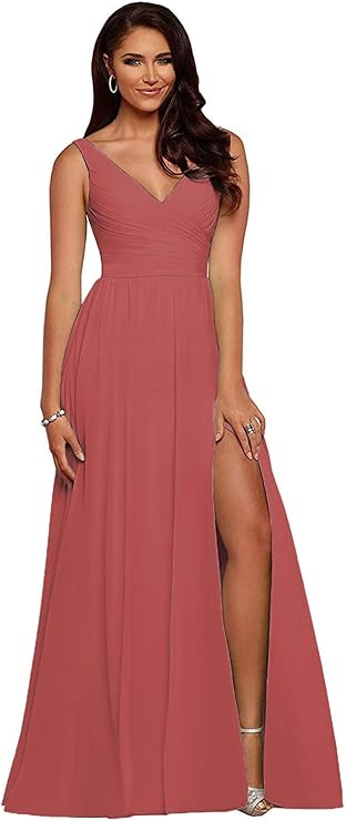 Women's Double V-Neck Bridesmaid Dresses Long A-Line with Slit Chiffon Prom Formal Wedding Dress M002
