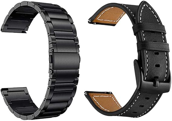 Galaxy Watch 3 41mm Bands Leather+Metal for Men Women, Galaxy Watch Active 2 44mm Bands, 20mm Bands Replacement Compatible for Galaxy Watch Active 40mm, Gear Sport, S2 Classic-Black+Black