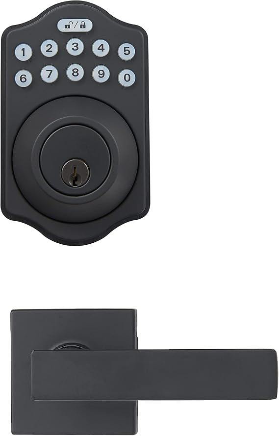 Amazon Basics Traditional Electronic Keypad, Keyless Entry Door Lock Deadbolt with Handle Set, Easy Installation, Matte Black