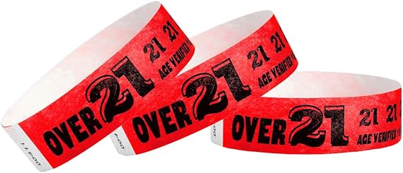500 WristCo Over 21 Neon Red Tyvek Wristbands for Events - Tamper-Proof