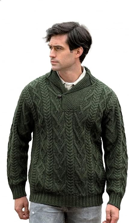 Aran Crafts Men's Irish Cable Knitted Shawl Collar Sweater (100% Merino Wool)
