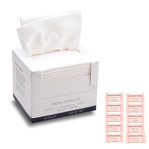Disposable Face Towels for Face Washing, 50 Count, Extra Large 10 x 12 in, 80gsm Thick Dry Facial Towels, Includes 10 Compressed Facial Masks, Lint-Free, Soft Cleansing Cloths for Sensitive Skin