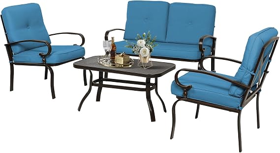 4Pcs Outdoor Furniture Metal Patio Conversation Sets, Loveseat, 2 Patio Dining Chairs with Coffee Table, Metal Frame Chair Set (Peacock Blue)