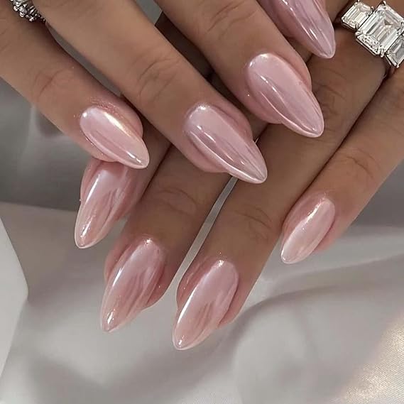 Pink Chrome Press on Nails Medium Almond Fake Nails Spring Summer Nails Press ons with Design,Reusable & Easy Apply Stick on Nails for Women Manicure 24Pcs