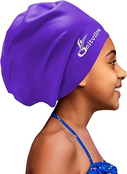 Extra Large Swim Cap for Kids Black Girls Aged 4 to 16 with Long Hair Braids Dreadlocks, Waterproof Silicone Swimming Hat Turban Hair Protection for Boys Toddler Children Youth