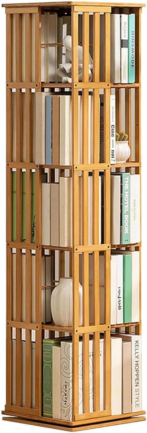 Rotatable Bookshelf, 360 Degree Floor Shelf Storage Desk Shelf, Large Corner Shelf, Bookcase Storage Shelf, Suitable for Living Room, Bedroom, Study Rooms,Woodcolor-5Tier