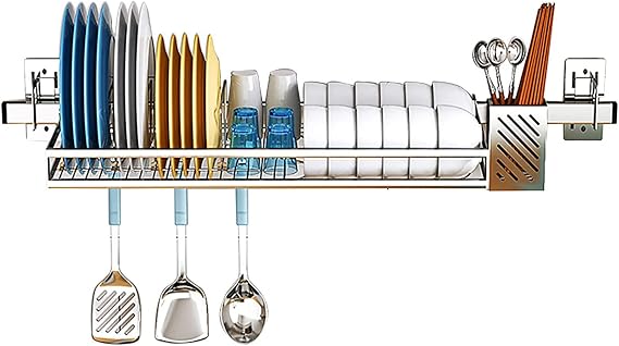 Over The Sink Dish Drying Rack,Wall Mounted Dish Drying Rack,Stainless Steel Dish Drainer for Kitchen Counter,Dish Shelf Kitchen Storage Organizer,Chopsticks Cage Knife Holder Storage Basket