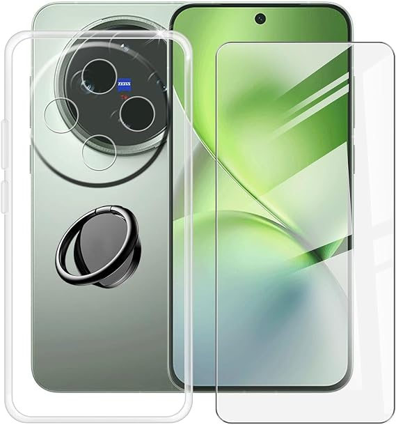 Clear Case for Vivo X200 Pro Mini (6.31") with 1 x Tempered Glass +360 Cell Phone Metal Ring Holder, Slim Soft Silicone Military Grade Shockproof TPU Cover for Vivo X200 Pro Mini