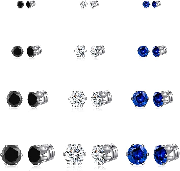 Spiritlele 12 Pairs Black White Blue Crystal Magnetic Earrings Set CZ Clip on Non Piercing Fake Stud Earrings Unisex