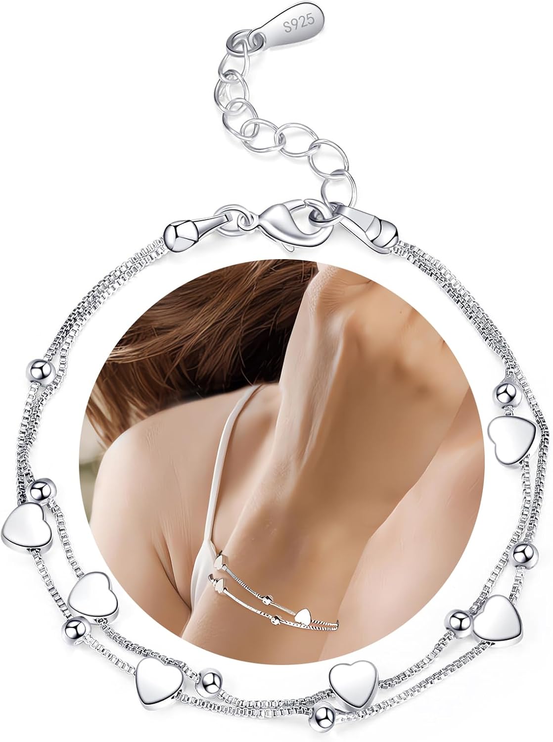 BENIFILE Silver Heart Bracelet Sterling Silver Bracelet for Women Girls Layered Charm Bracelets for Women Ladies Silver Bracelets Friendship Bracelets for Girls Women's Jewellery
