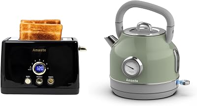 Amaste Black Toaster & Green Retro Electric Kettle Set