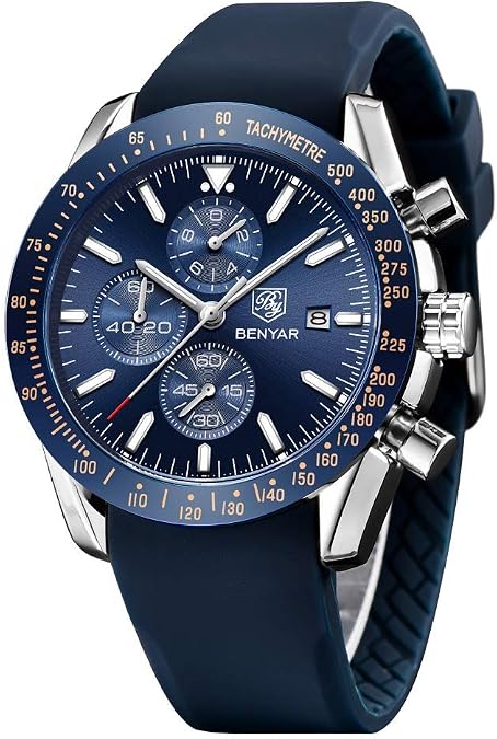 Men's Watches BENAYR Casual Chronograph Analog Quartz Waterproof Sports Watches Rubber Strap Business Wrist Watches for Men